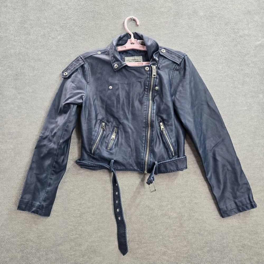 Levi's Women Jacket S Blue Moto Western Buckle Faux Leather Belted Collar Crop
